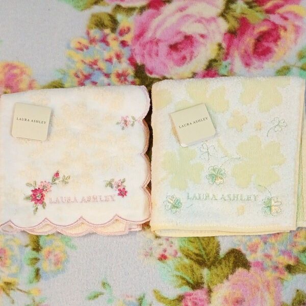 新品未使用 ローラアシュレイ LAURA ASHLEY タオルハンカチ2枚セット 花柄 クローバー