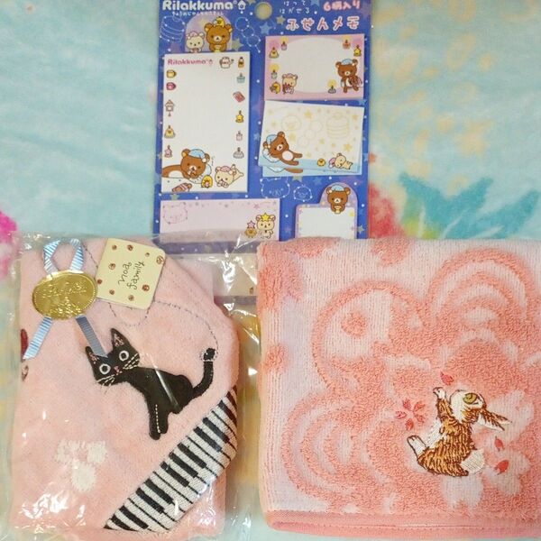 新品未使用 わちふぃーるど、ノアファミリー タオルハンカチセット 猫、リラックマ ふせんメモ