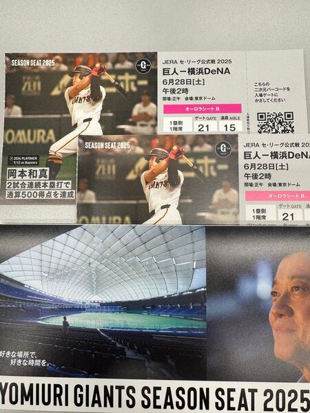 巨人vs横浜 6月28日(土)東京ドーム オーロラシート 通路席含む2席