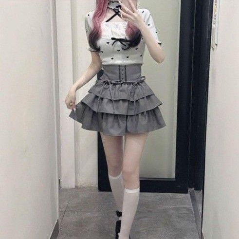 ミシェルマカロン ティアードフリルスカート グレー フリーサイズ