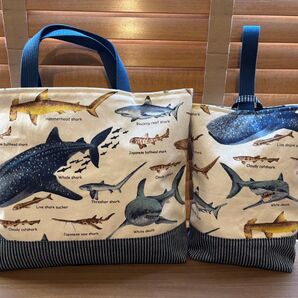 サメ図鑑 レッスンバッグ 上履き袋 2個セット ハンドメイド