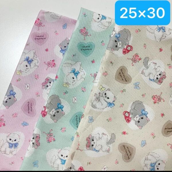 3枚保育園幼稚園ランチョンマット25×30cm 猫ハート ナチュラルカラー