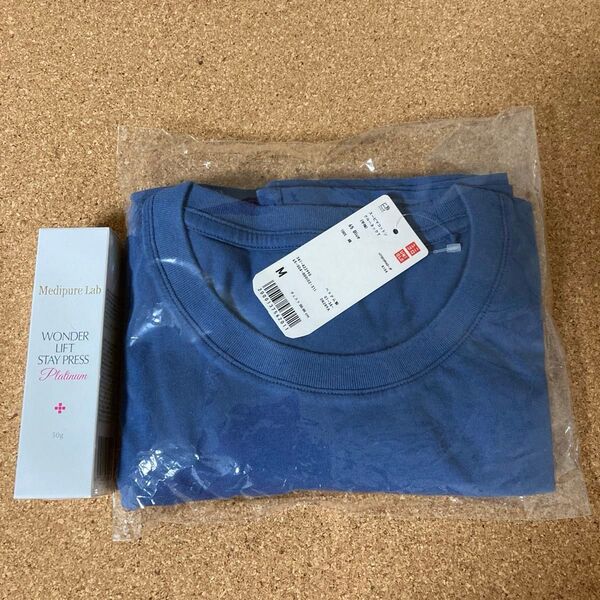 新品未使用タグ付き ユニクロ クールネックTシャツ 半袖 ブルー 綿100% Mサイズ スピーマコットン & 美容液ゲル 50g