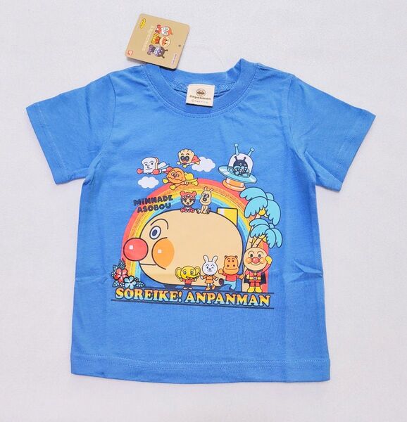 90cm 新品 アンパンマン アンパンマン号柄半袖Tシャツ ブルー Tシャツ