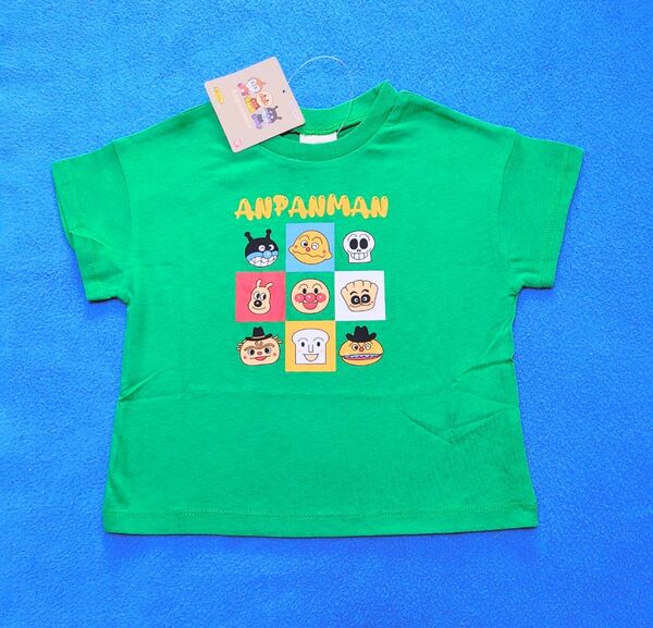 90cm 新品 アンパンマン 9キャラブロック柄半袖Tシャツ グリーン Tシャツ 半袖Tシャツ