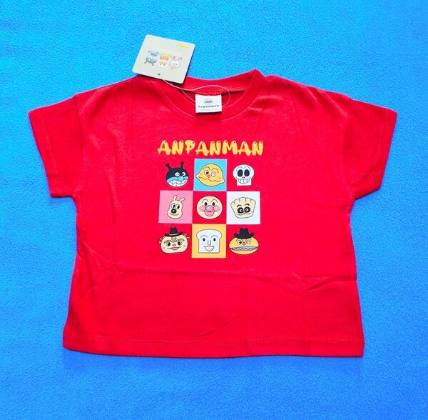 90cm 新品 アンパンマン 9キャラブロック柄半袖Tシャツ レッド Tシャツ 半袖Tシャツ