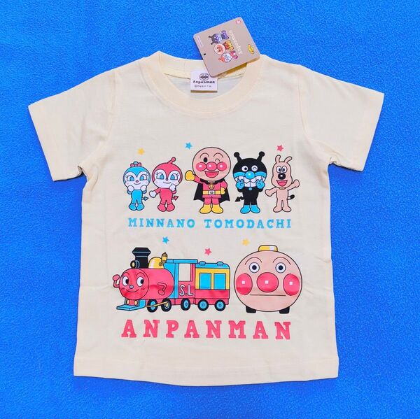 90cm 新品 アンパンマン SLマンとアンパンマン号柄半袖Tシャツ クリーム Tシャツ