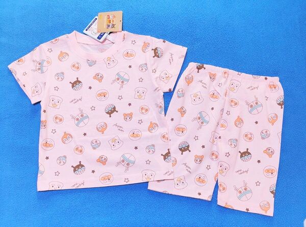90cm 新品 アンパンマン 天竺素材 顔いっぱい総柄半袖パジャマ ピンク