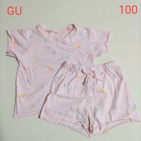 GU GIRLSラウンジセット 100 ピンク スイーツ柄 パジャマ 半袖 ショートパンツ キッズ 上下セット ルームウェア