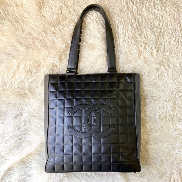 14万→CHANEL/シャネル■チョコバー ココマーク 本革レザー ショルダー トートバッグ■黒/ブラック *シリアルシール有