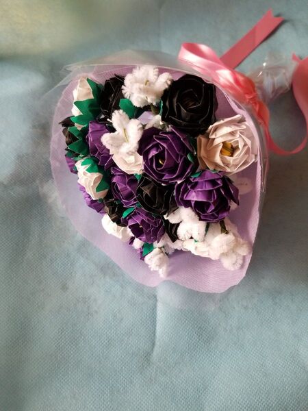 折り紙 ミニ薔薇の花束 紫×黒 20本 モール