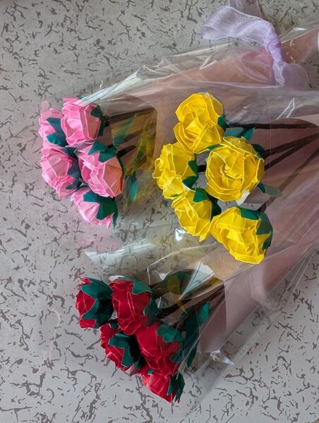 折り紙 ミニ薔薇の花束 3束 5本ずつ
