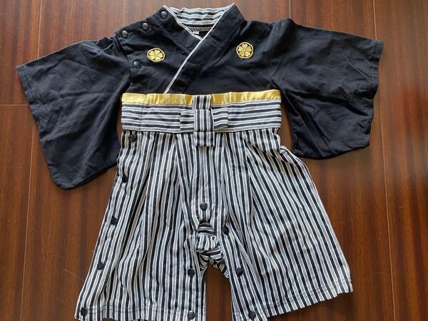 着物スタイル ベビー服 80cm 黒とストライプ:ロンパース:初節句:男の子