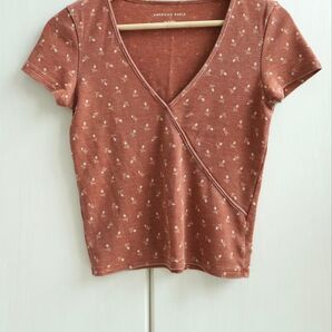 AMERICAN EAGLE トップス 花柄 カシュクール ブラウン XS 色褪せ感あるデザイン 半袖 vネック