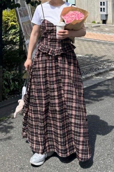 新品タグ付き チェック柄ワンピース ブラウン ロング コルセットキャミワンピース