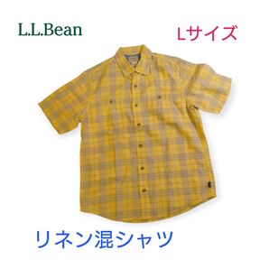 【古着美品】LL.bean 半袖シャツ リネン混 チェック柄 イエロー