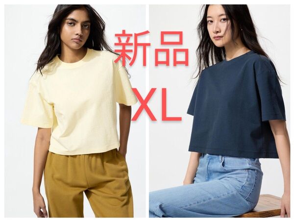 新品 2枚セット UNIQLO ユニクロ テクスチャージャージーT LL レディース 半袖 Tシャツ イエロー ブルー XL