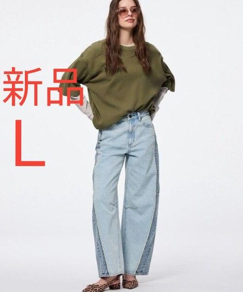 新品 GU ジーユー 2トーンバレルレッグジーンズ 丈標準 71.0~75.0cm レディース デニム ジーンズ Lサイズ ブルー