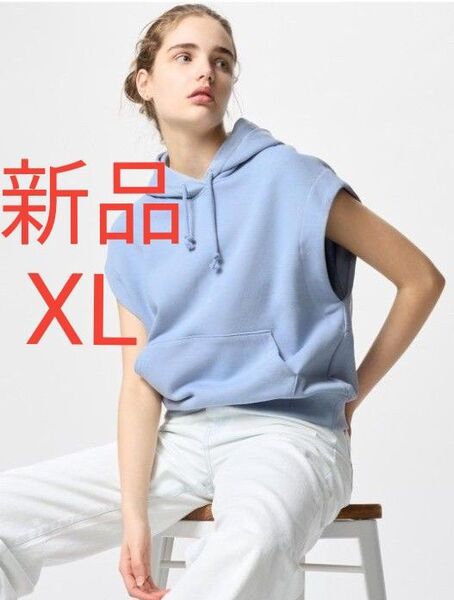 新品 UNIQLO ユニクロ スウェットノースリーブパーカ レディース ノースリーブ トップス スウェット ブルー 水色 XL