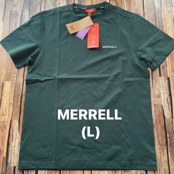 新品メレルMERRELL 半袖Tシャツ シンプルロゴデザイン グリーン(L)