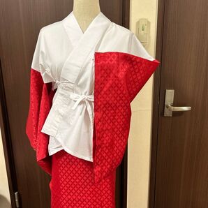二部式長襦袢 ポリエステル綸子つややかな赤 美品七宝地紋柄 半衿 衣紋抜き付き
