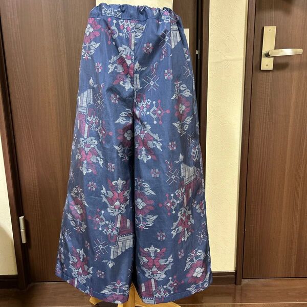 アンティーク色大島紬リメイク ワイドパンツ ウエスト総ゴム 丈80 軽くて涼しい絹 作ってから未使用
