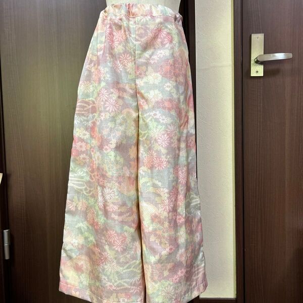 色大島紬ワイドパンツ ピンク系総柄 ウエスト総ゴム丈80 M目安 未使用