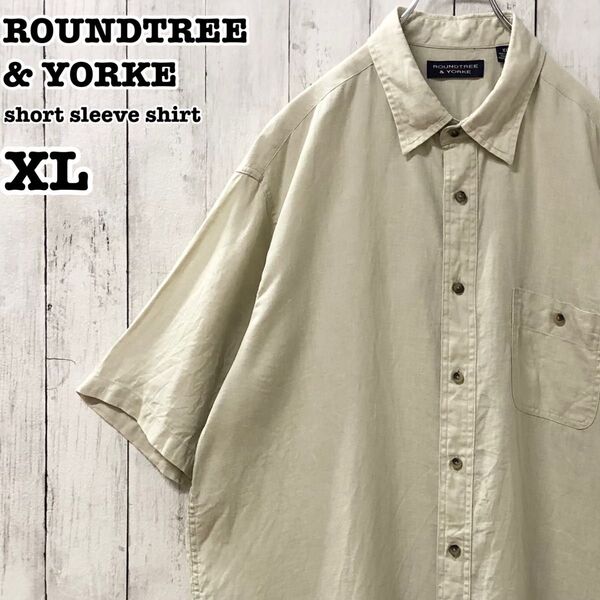 ROUNDTREE&YORKE US アメリカ古着 無地 リネン 半袖シャツ XL
