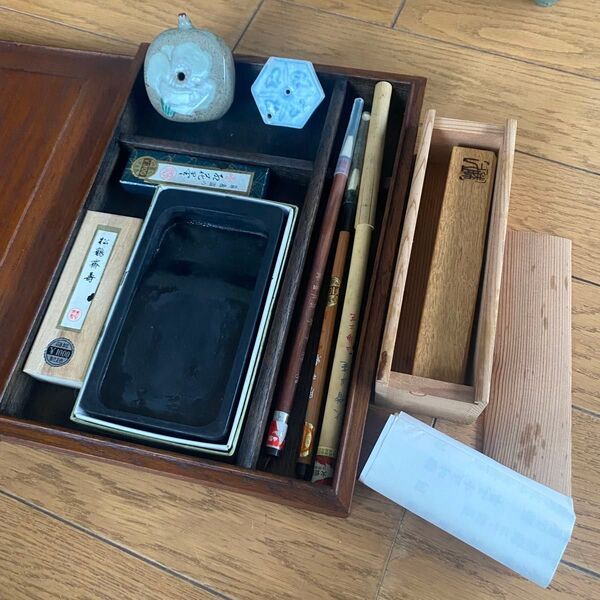 【工芸品】書道セット 箱付き 習字 文鎮 硯 すずり