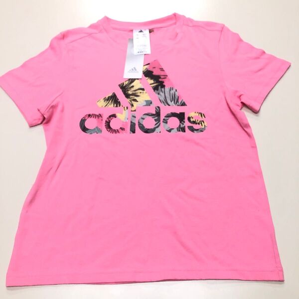 嬉しいLサイズ 新品タグ付き adidas アディダス 半袖Tシャツ ピンク×マルチカラーロゴ Tシャツ 半袖