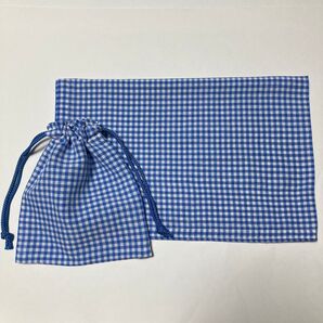 2点セット シンプルギンガムチェックの大きめランチョンマットと小さめ巾着C95 ハンドメイド