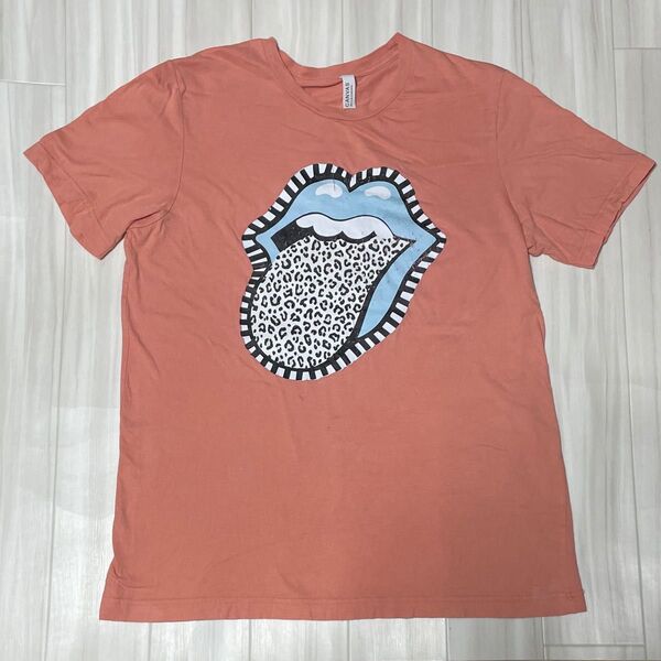 USA直輸入CANVAS レオパード柄ローリングストーンズ風プリントTシャツUSサイズL身幅約52、着丈約69ユーズド品洗濯済み。