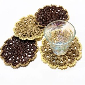 【高級糸使用】手編み コースター 4枚 ドイリー ハンドメイド 北欧 かぎ針編み ミニドイリー 毛糸