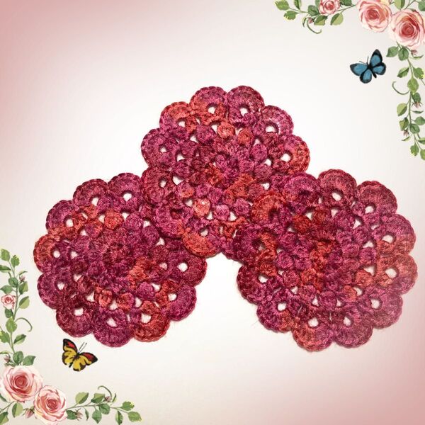 紅 ミックス コースター 3枚 ドイリー 手編み 毛糸 ハンドメイド かぎ針編み かぎ針 花 毛糸 ポリエステル