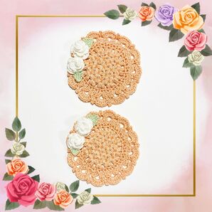 薔薇 コースター 2枚 ドイリー 手編み 毛糸 ハンドメイド 花 かぎ針編み かぎ針 ミニドイリー モチーフ お花付き