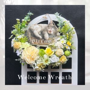 ウェルカムリース ねこちゃんとリース アーティフィシャルフラワー かわいいリース