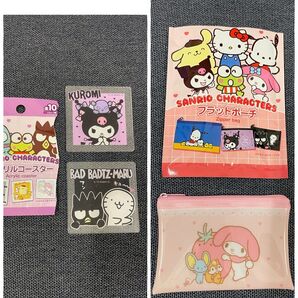 3点セット サンリオキャラクターズ アクリルコースター フラットポーチ クロミ バツ丸 マイメロディ 小物入れ ケース チャック