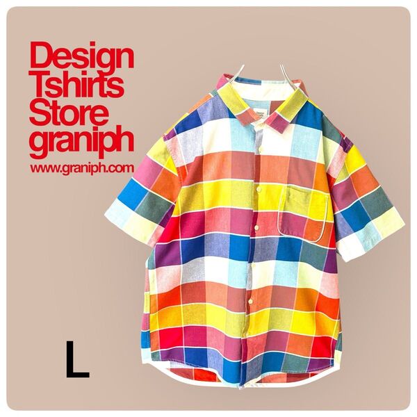 graniph グラニフ マルチカラーチェックコットン半袖シャツ Lサイズ