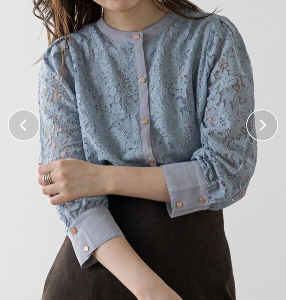 新品タグ付 定価4950円 natural couture 前後2wayバンドカラーブラウス レースブラウス レーストップス