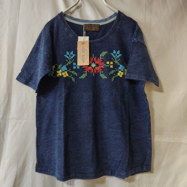 CUBE SUGAR インディゴ花刺繍Tシャツ 新品 キューブシュガー