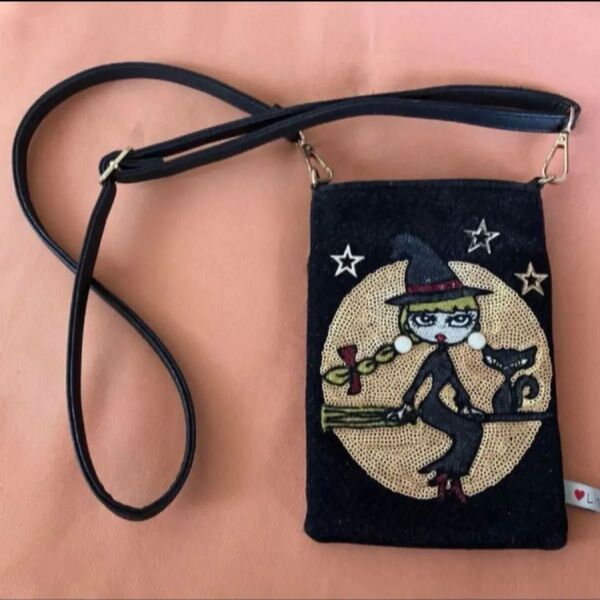 スマホショルダー ミニポシェット ショルダーバッグ スパンコール魔女柄 バッグ ショルダーバッグ ポシェット サコッシュ