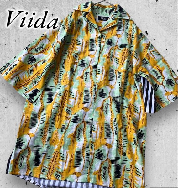 美品 Viida ヴィーダ 前後切替 アロハシャツ ストライプ メンズ トップス 半袖 シャツ 個性的 派手シャツ