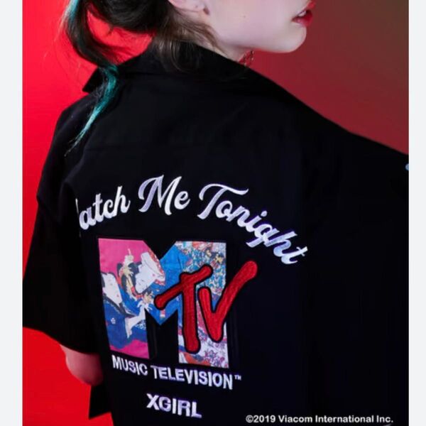 X-girl×MTV エックスガール MTV コラボ ボーリングシャツ 半袖 浮世絵 刺繍 ロゴ
