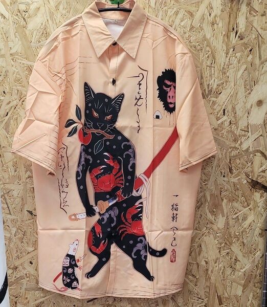 新品 和柄オープンカラーシャツ 大きいサイズ アロハシャツ 悪猫柄アロハシャツ 半袖シャツ XL