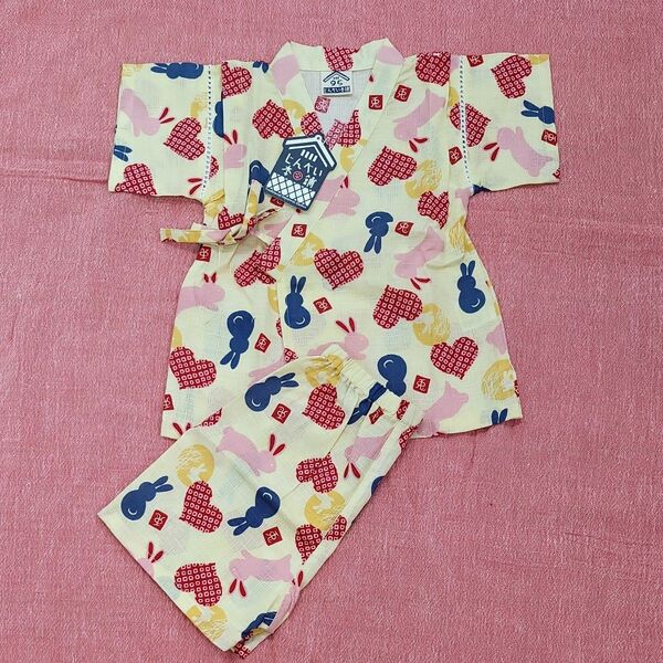新品 甚平 子供 キッズ 女の子 うさぎ ハート 日本製 生地 甚平上下 セット 綿100% パジャマ 95