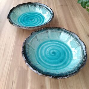 トルコブルー浅鉢・2枚 美濃焼〈新品・未使用〉