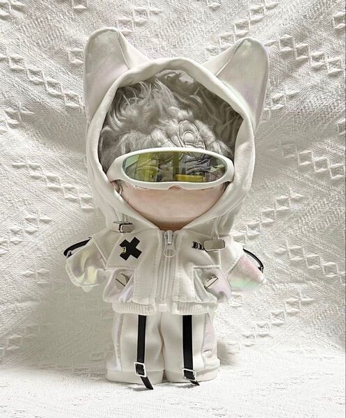 20cm ぬいぐるみ服 着せ替え お洋服 ネコパーカー ホログラム風 ゴーグル付き3点セット