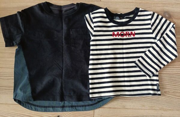 【ガールズ2枚セット】GU半袖Tシャツ黒130 黒白ボーダー柄 ロンT120