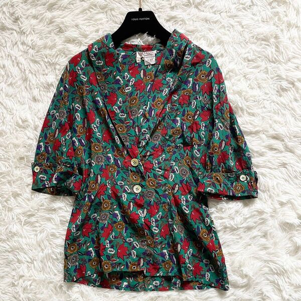 美品 大きいサイズXL GUCCI グッチ テーラードジャケット シルク100% ロゴボタン オールドグッチ 緑 花柄