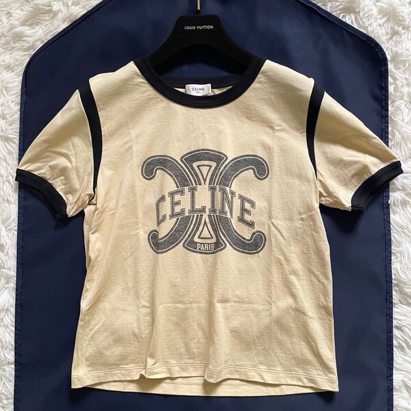 美品 セリーヌ CELINE Tシャツ トリオンフ ビックロゴ ベージュ サイズS カットソー 現行モデル